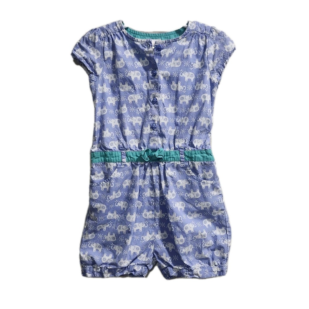 Gymboree Girls Romper 5T Purple Elephant Print 100% Cotton Teal‎ Belt Pockets